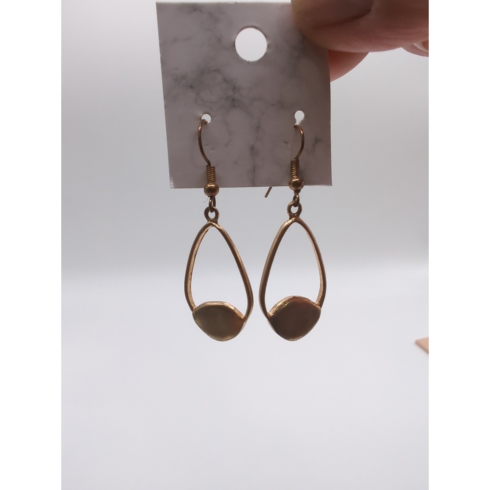 Vintage Gold Tone Open Teardrop Dangle Earrings with Pebble Accent Geometric - Picture 3 of 5